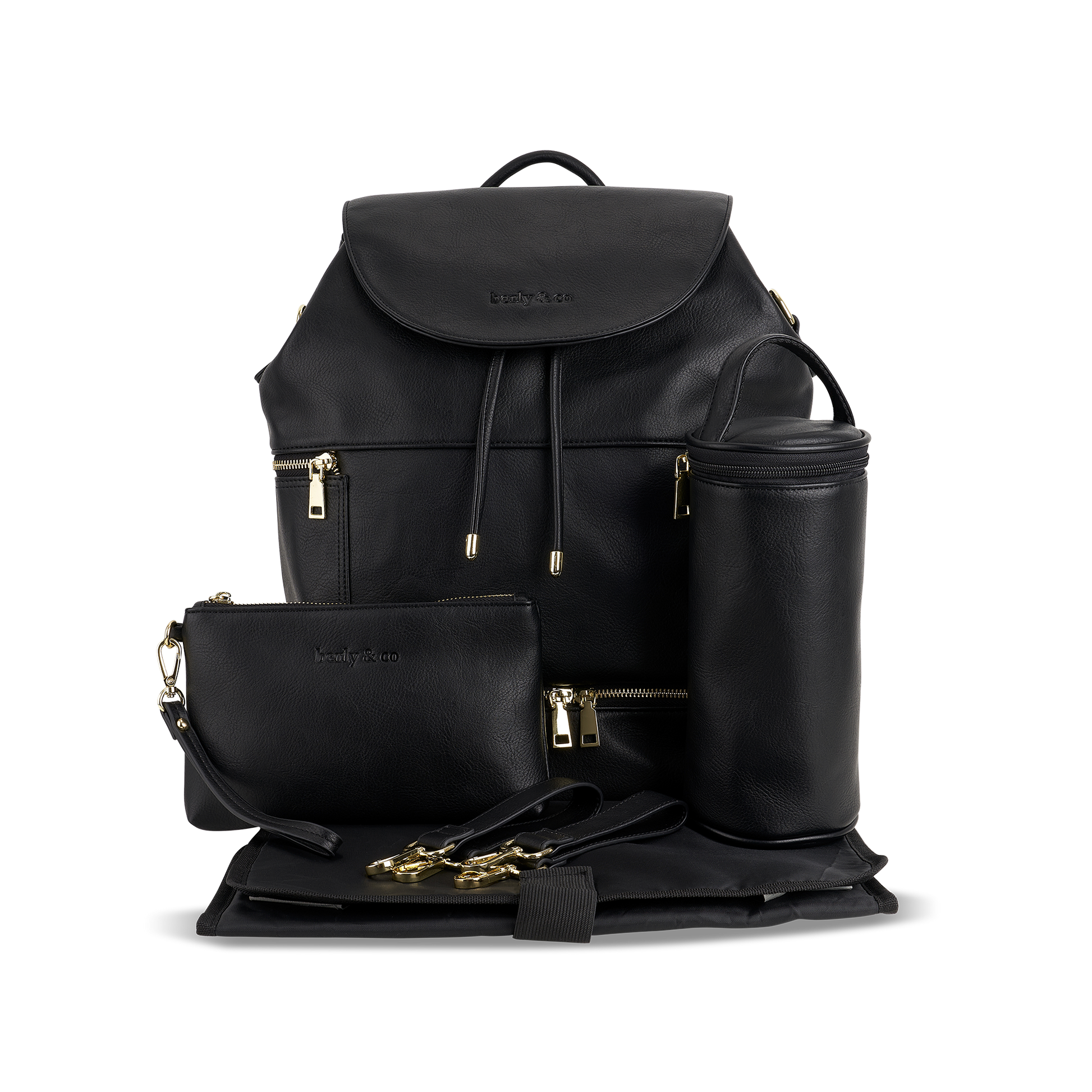 Siena black nappy bag with included accessories: change mat, bottle insulator, makeup pouch and stroller straps