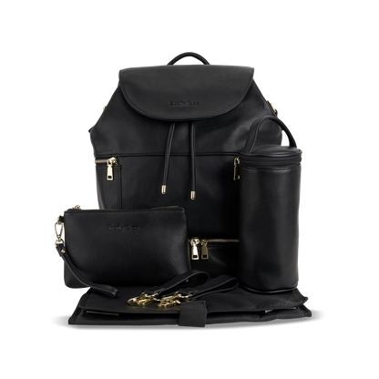 Siena black nappy bag with included accessories: change mat, bottle insulator, makeup pouch and stroller straps