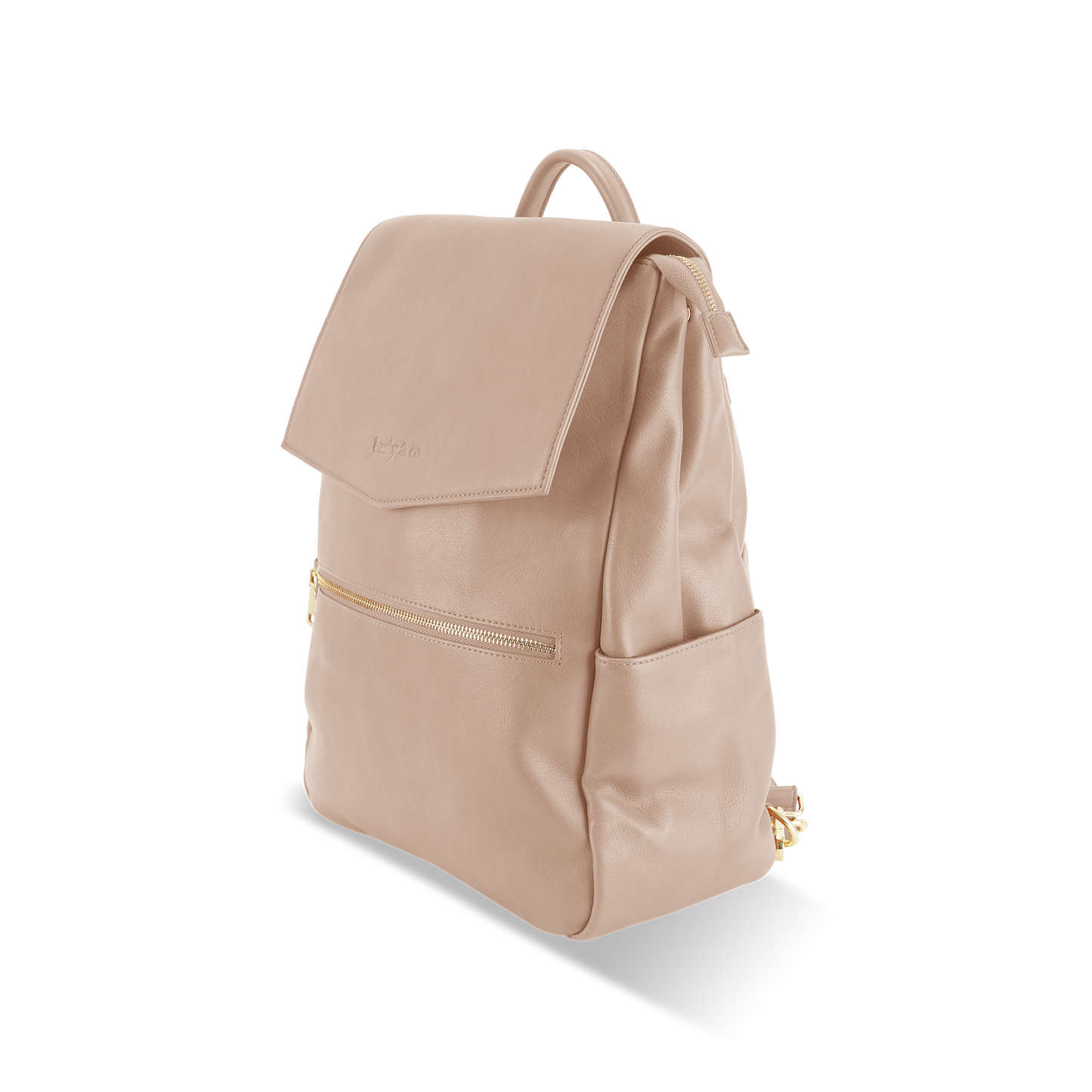 Profile view of Florence Taupe Nappy Backpack showing versatile design for busy parents