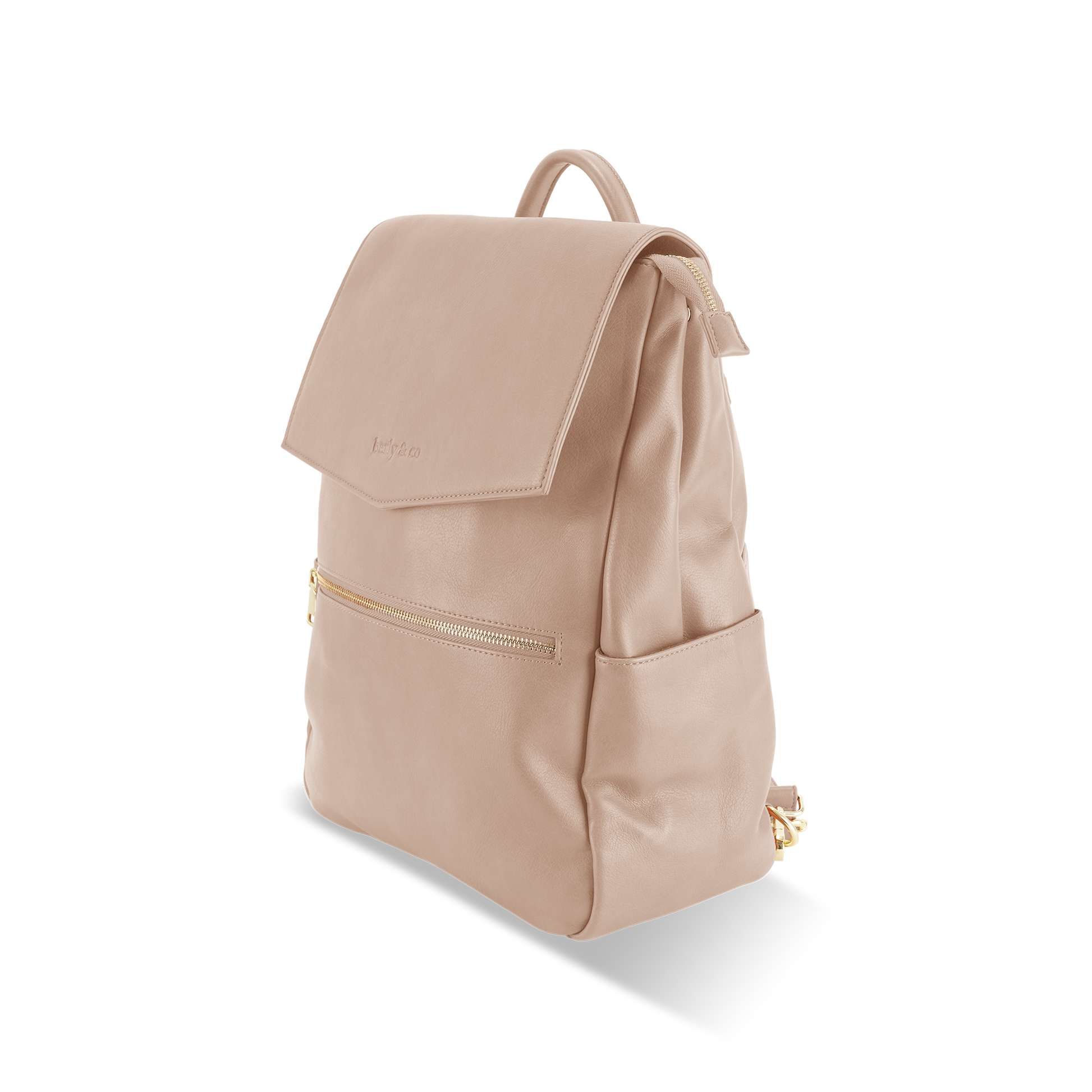 Profile view of Florence Taupe Nappy Backpack showing versatile design for busy parents