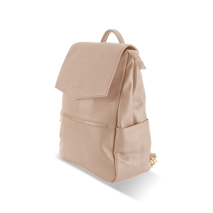 Profile view of Florence Taupe Nappy Backpack showing versatile design for busy parents