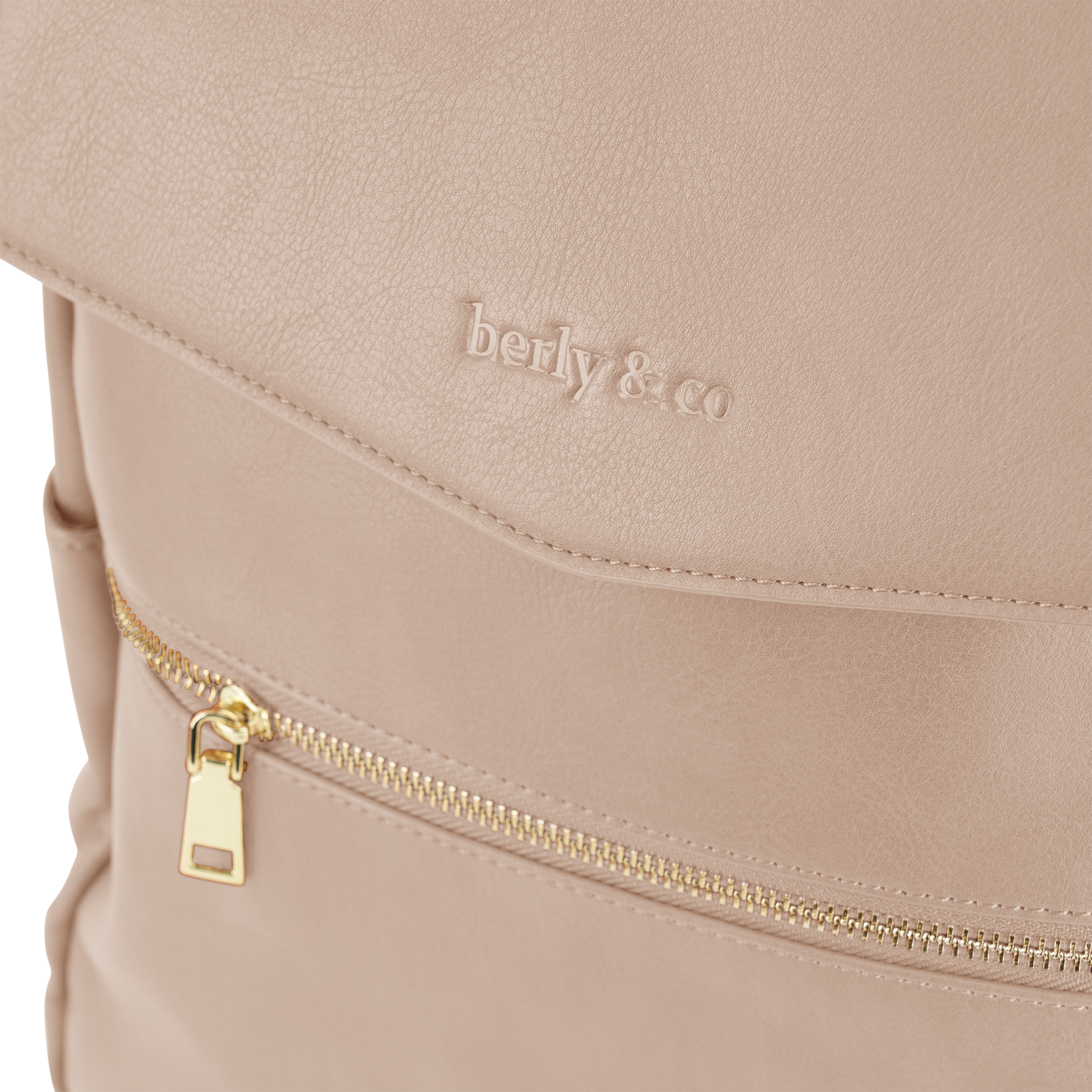 Close-up of taupe vegan leather texture and quality stitching on Florence Diaper Bag