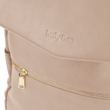 Close-up of taupe vegan leather texture and quality stitching on Florence Diaper Bag