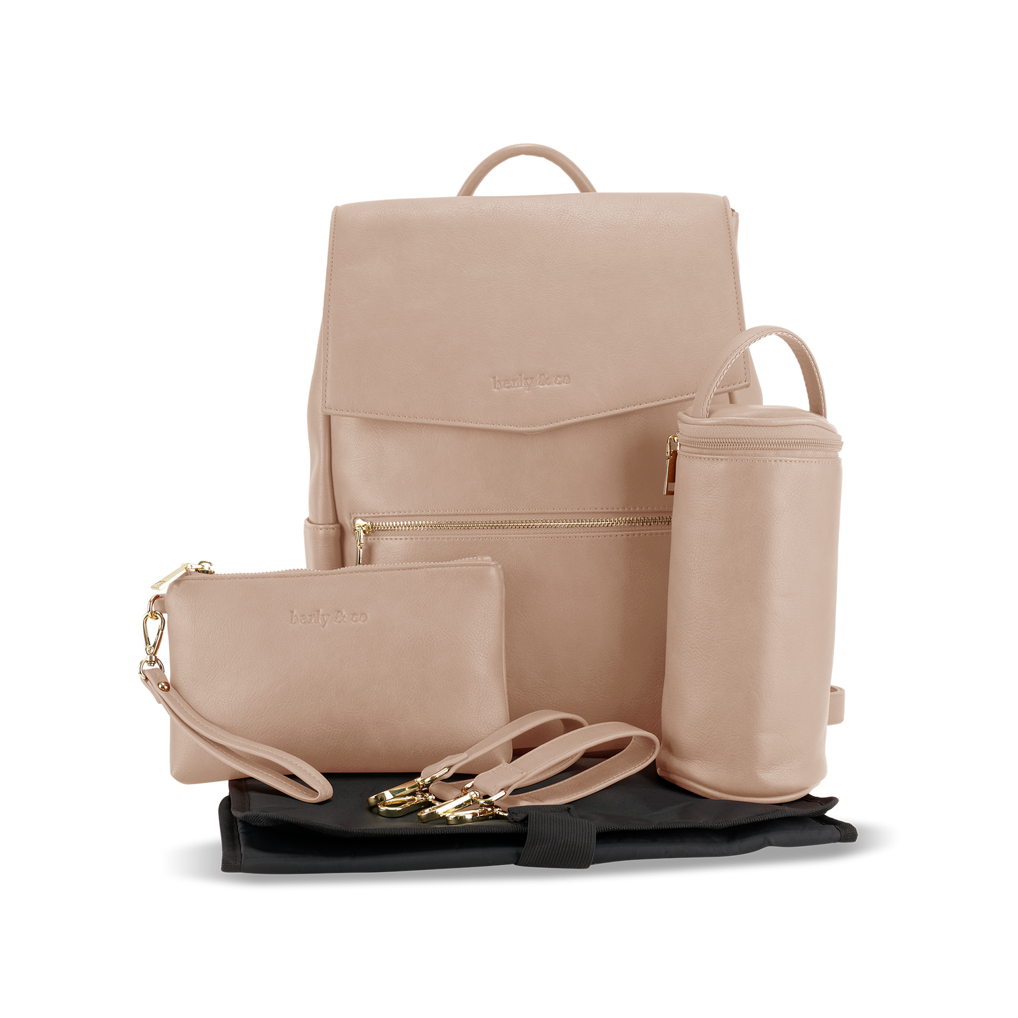 Florence taupe nappy bag with accessories including change mat, bottle insulator, makeup pouch and stroller straps