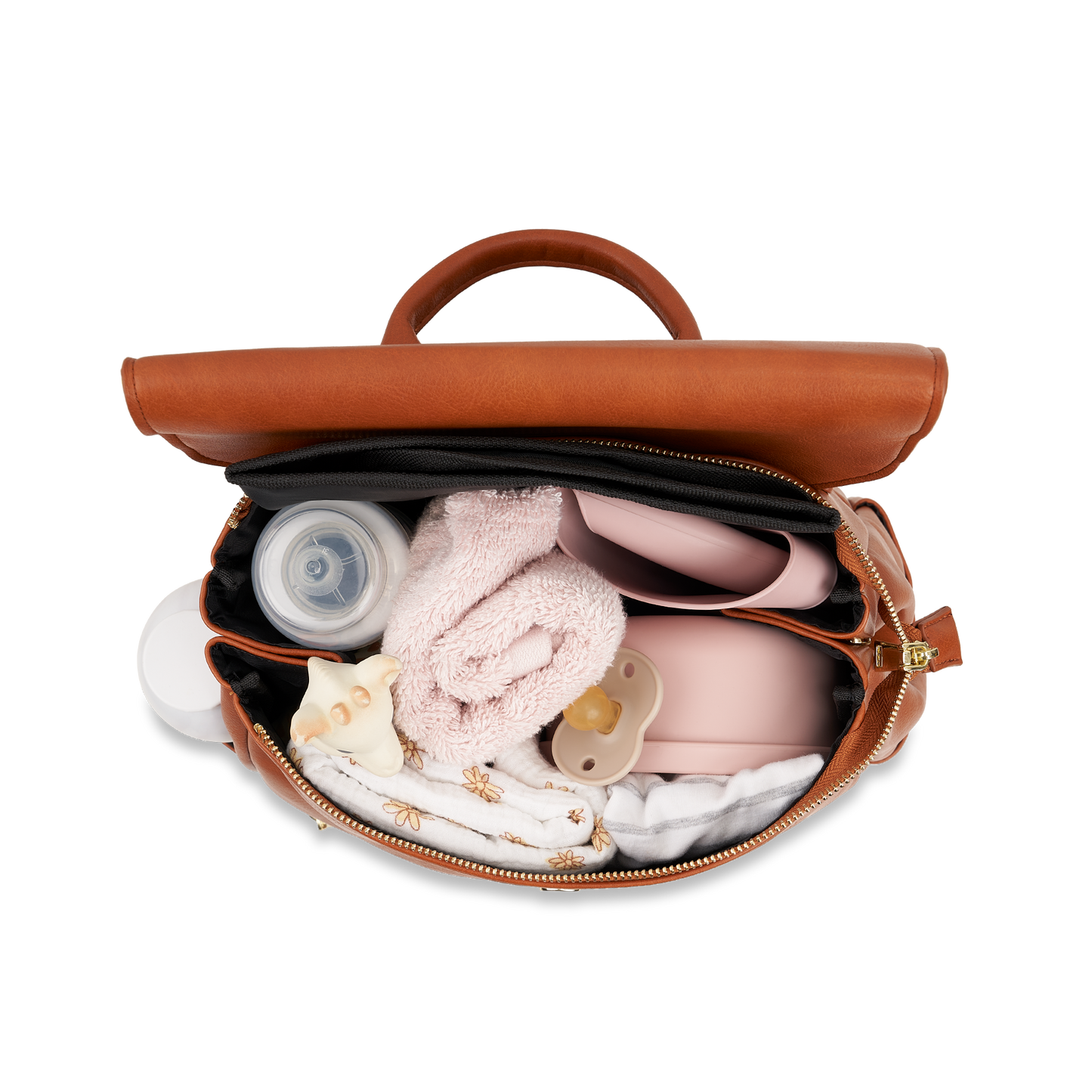 Interior organization of Florence Tan Diaper Bag showing multiple practical compartments