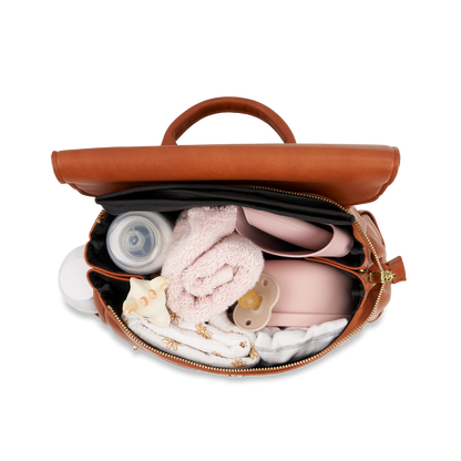 Interior organization of Florence Tan Diaper Bag showing multiple practical compartments