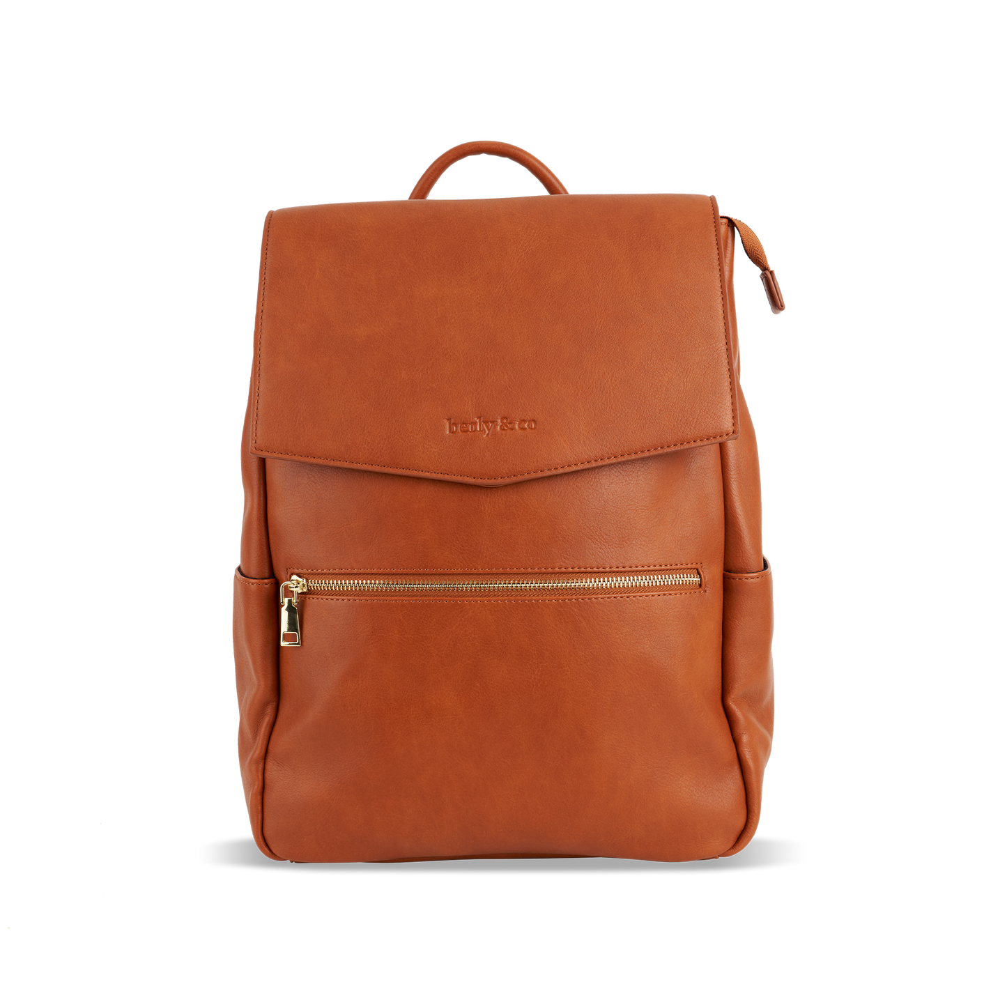 Front of Florence Tan Nappy Bag - Stylish vegan leather diaper backpack by Berly and Co