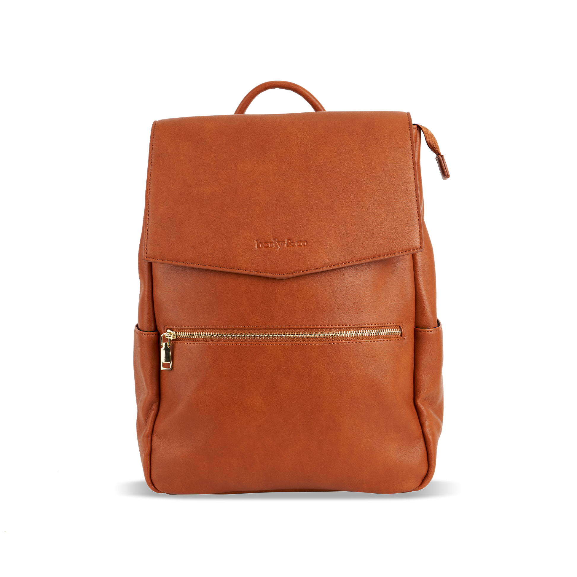 Front of Florence Tan Nappy Bag - Stylish vegan leather diaper backpack by Berly and Co