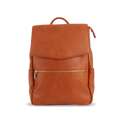 Front of Florence Tan Nappy Bag - Stylish vegan leather diaper backpack by Berly and Co