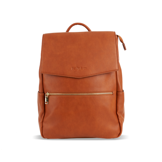 Front of Florence Tan Nappy Bag - Stylish vegan leather diaper backpack by Berly and Co