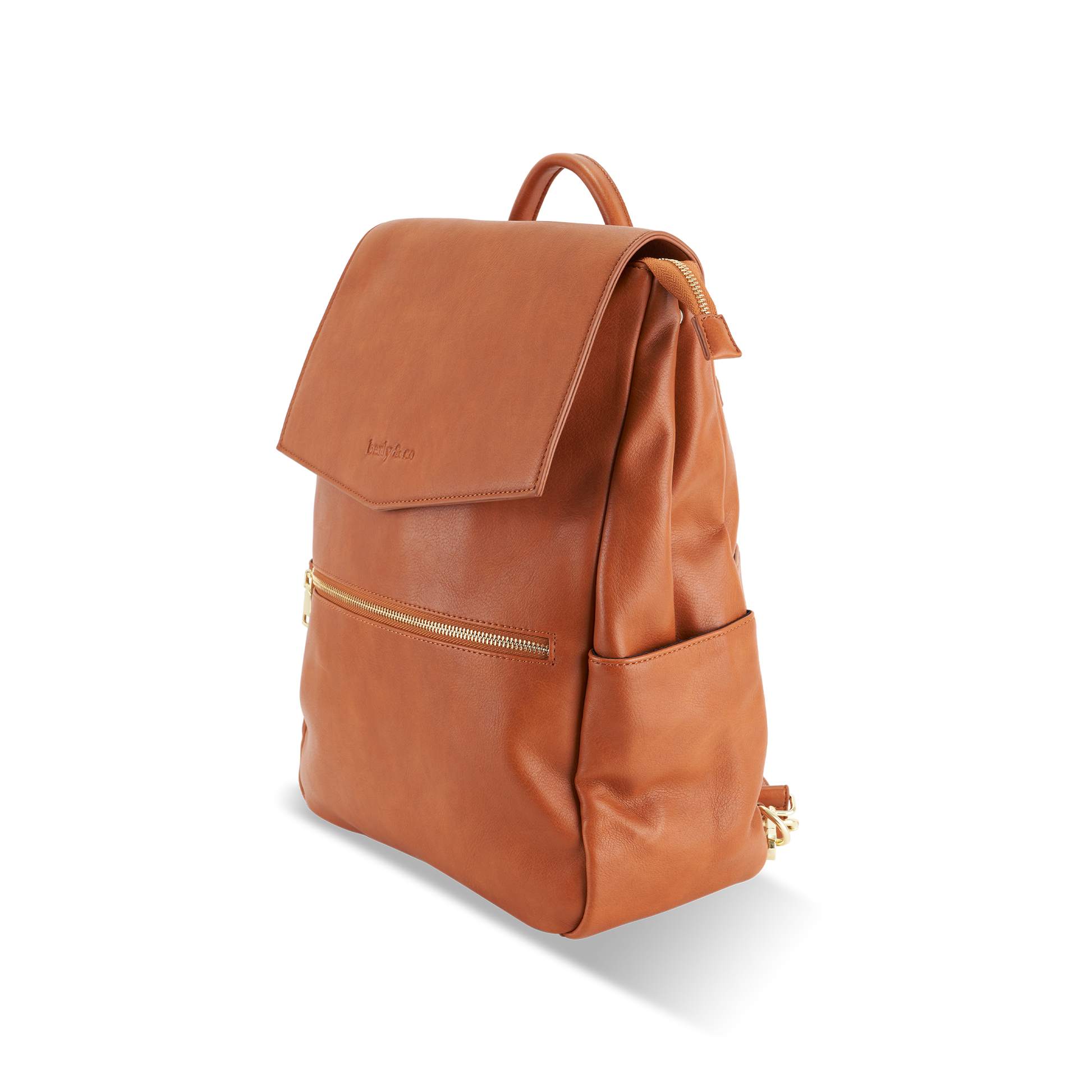 Side view of Florence Tan Nappy Backpack showing external pocket design and durable construction
