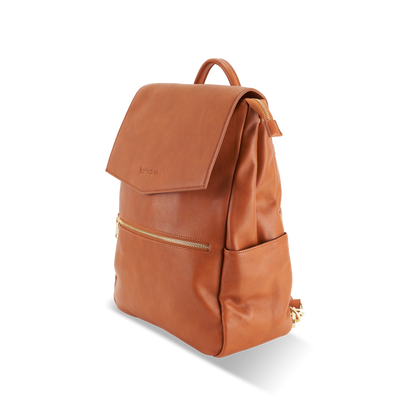 Side view of Florence Tan Nappy Backpack showing external pocket design and durable construction