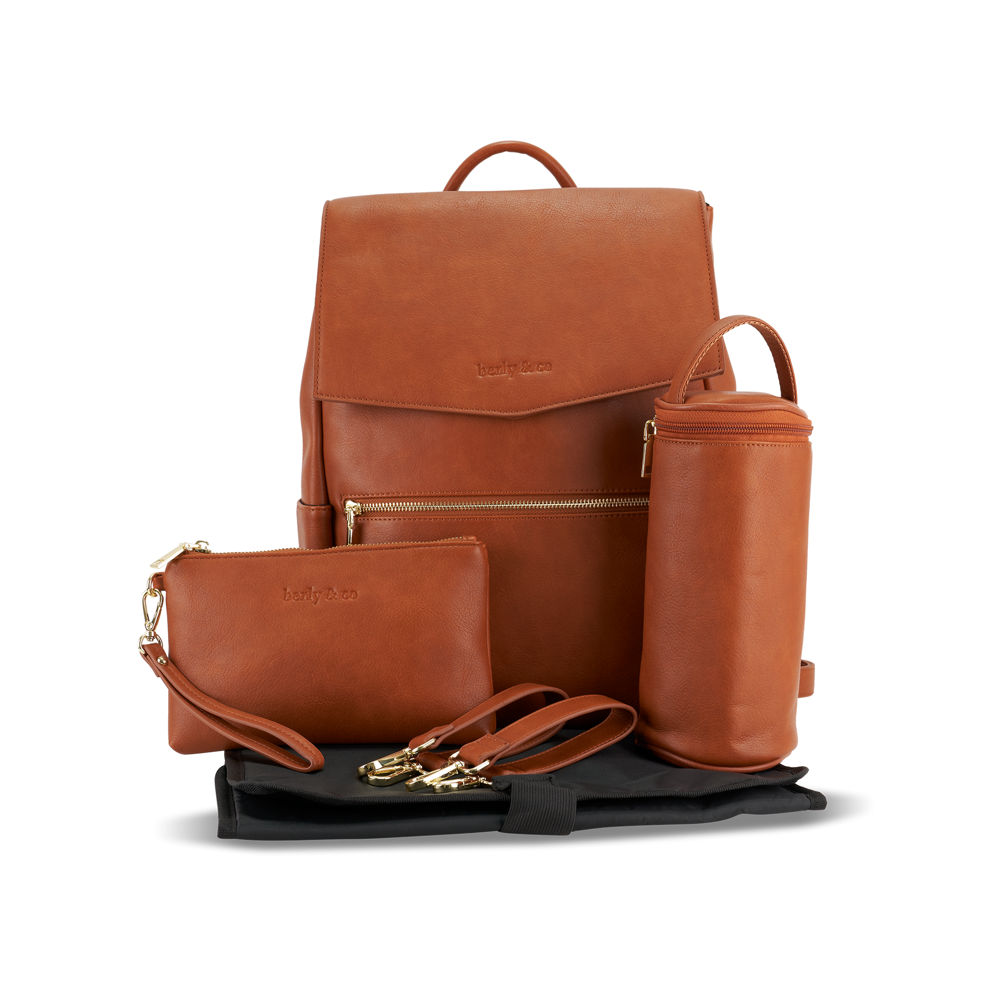 Florence tan nappy bag with accessories including change mat, bottle insulator, makeup pouch and stroller straps