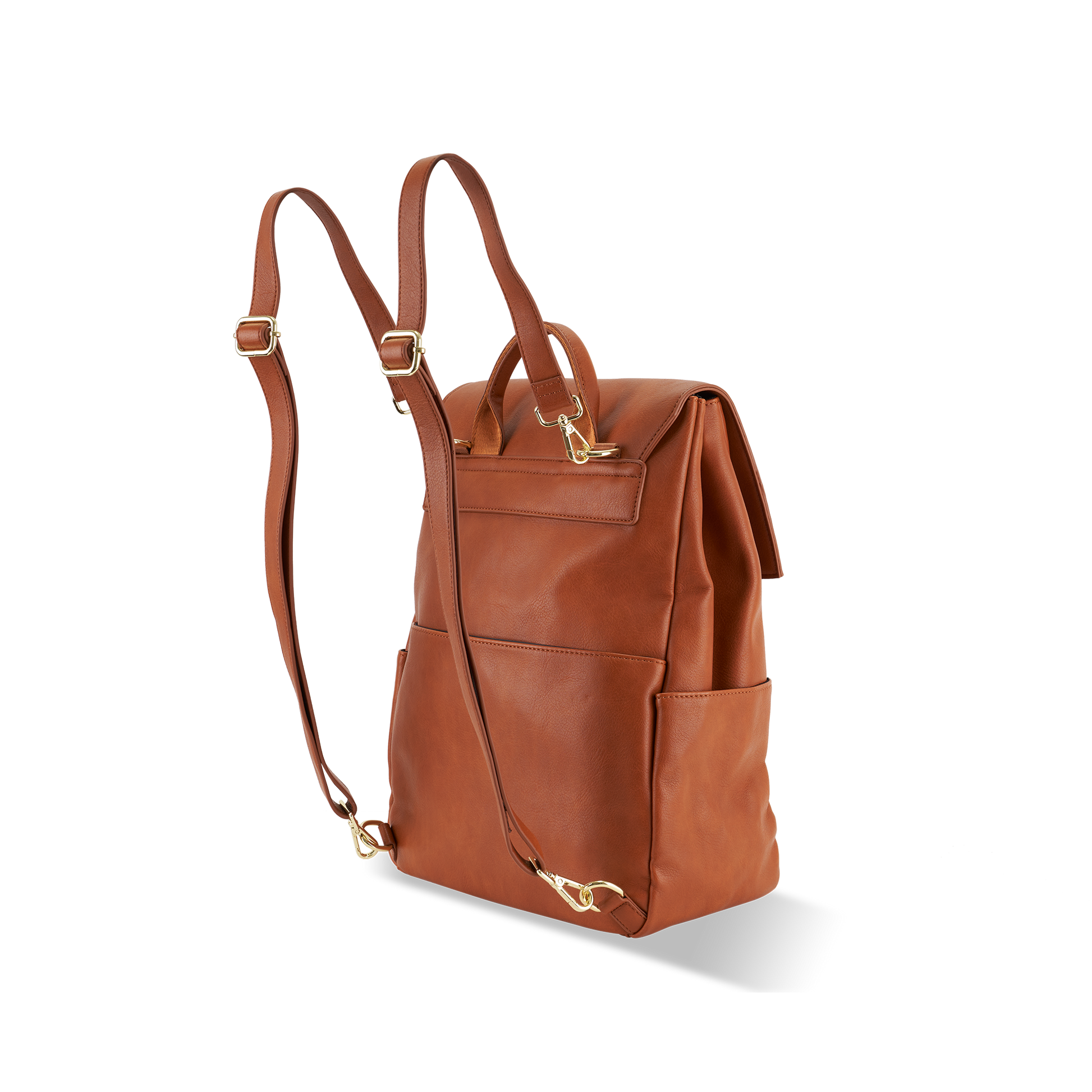 Back view of Florence Tan diaper backpack showing external magnetic back pocket design and durable construction