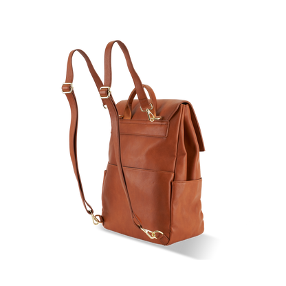 Back view of Florence Tan diaper backpack showing external magnetic back pocket design and durable construction