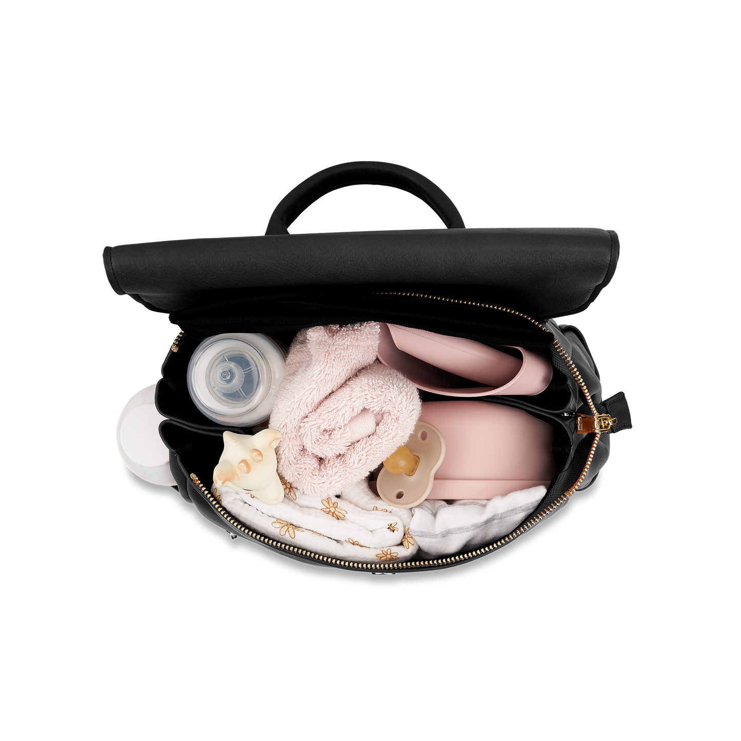 Inside view of Florence Black Diaper Bag showing organized compartments and premium zippers