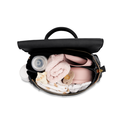 Inside view of Florence Black Diaper Bag showing organized compartments and premium zippers