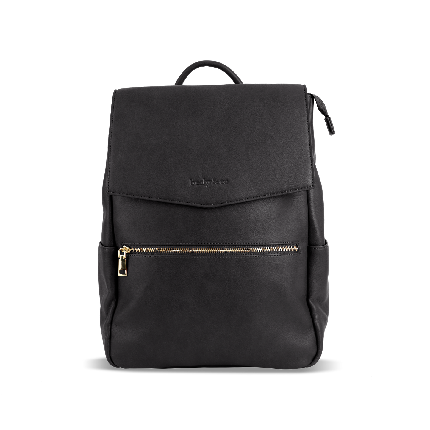Front of Florence black nappy bag - premium vegan leather diaper backpack with multiple compartments by berly and co