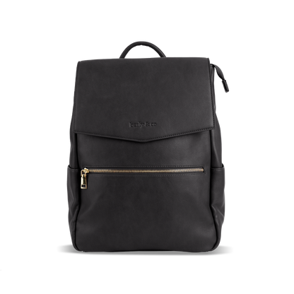 Front of Florence black nappy bag - premium vegan leather diaper backpack with multiple compartments by berly and co