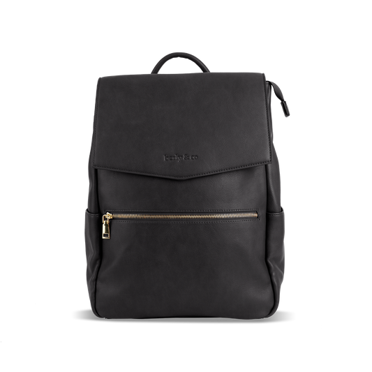 Front of Florence black nappy bag - premium vegan leather diaper backpack with multiple compartments by berly and co