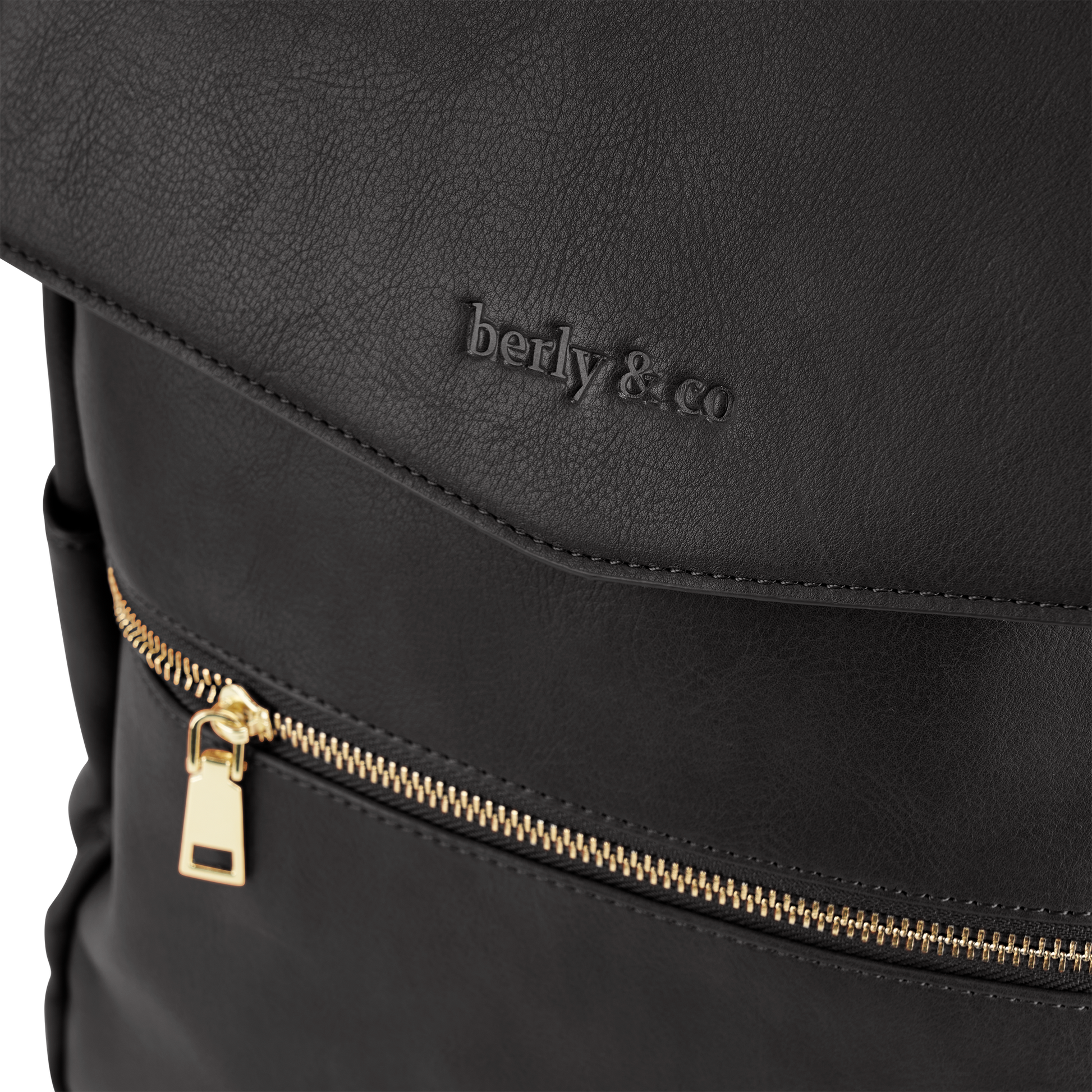 Close-up of premium zipper and eco-friendly vegan leather on Florence black diaper bag