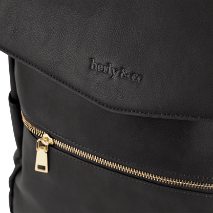 Close-up of premium zipper and eco-friendly vegan leather on Florence black diaper bag