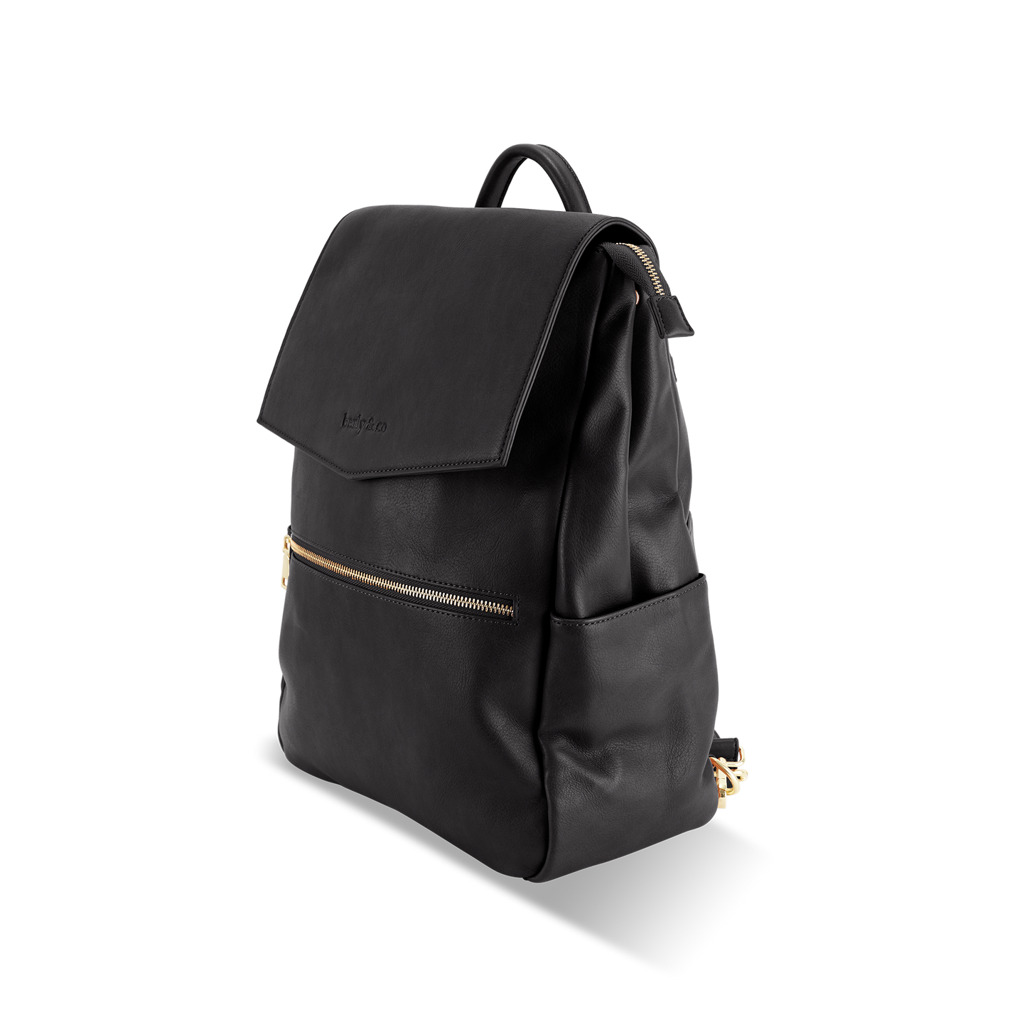 Side view of Florence black nappy backpack showing external pocket design and durable construction