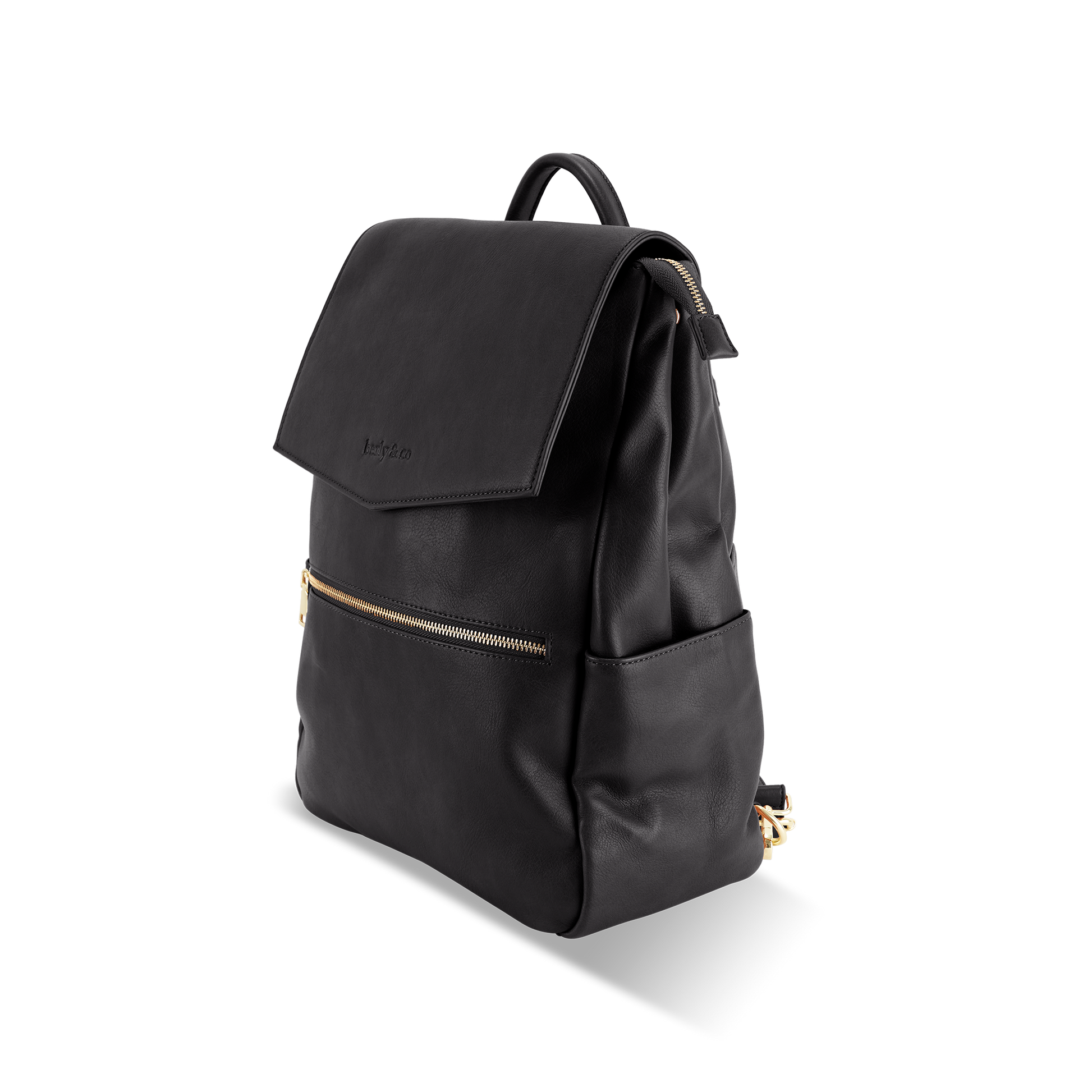 Side view of Florence black nappy backpack showing external pocket design and durable construction