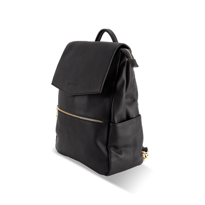 Side view of Florence black nappy backpack showing external pocket design and durable construction