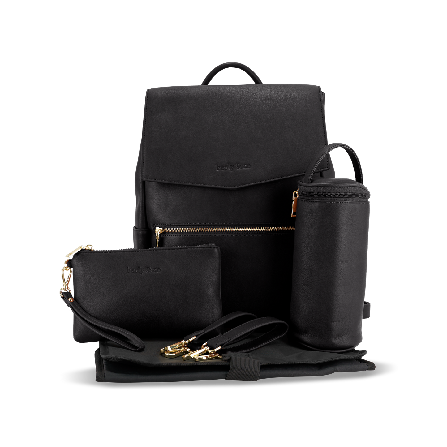 Florence black nappy bag with accessories including change mat, bottle insulator, makeup pouch and stroller straps