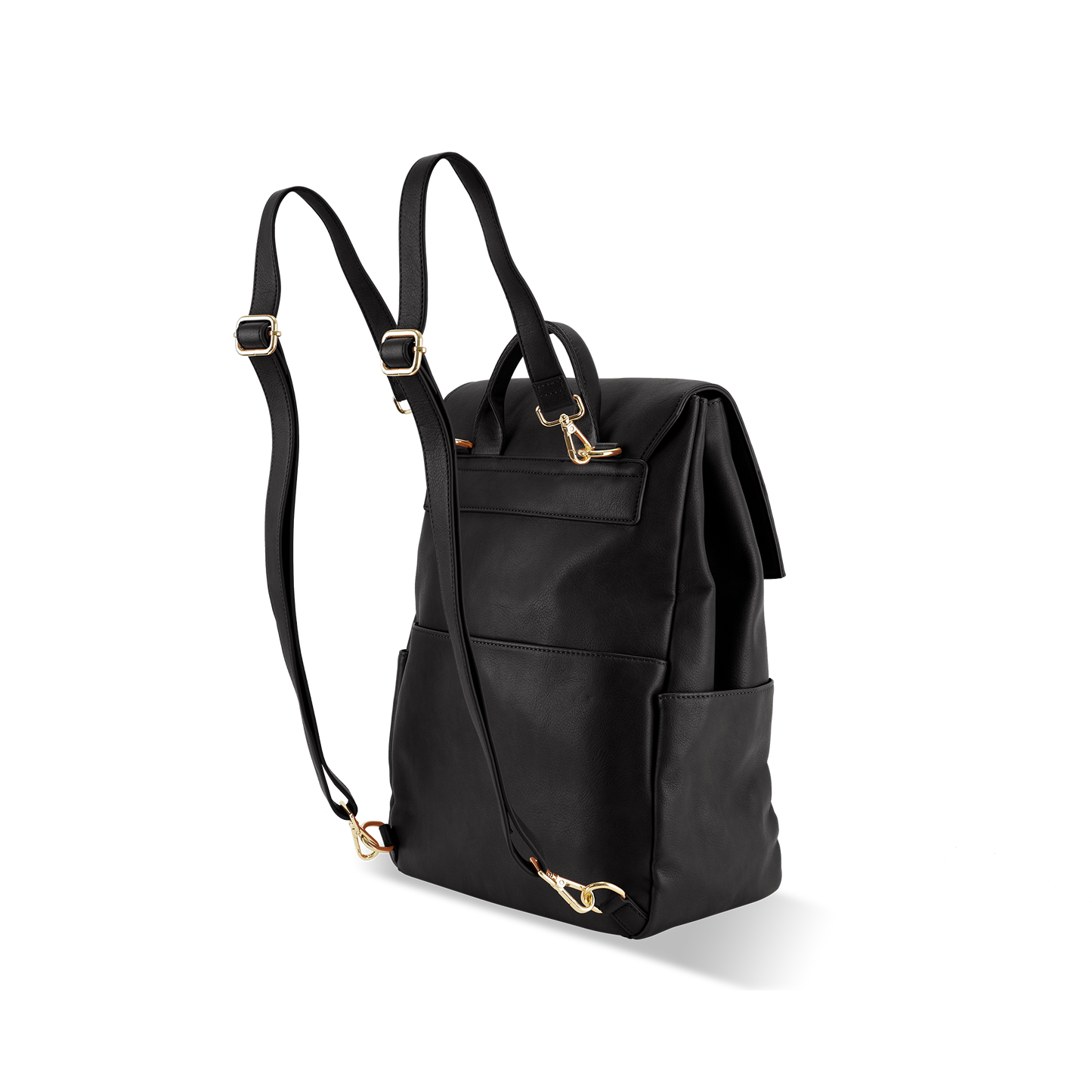 Back view of Florence black nappy backpack showing back and side pockets design and durable construction