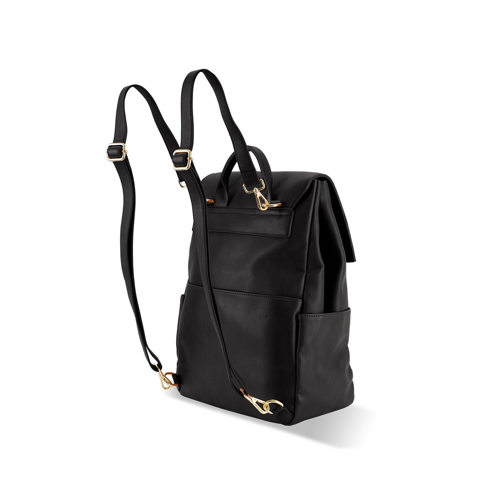 Back view of Florence black nappy backpack showing back and side pockets design and durable construction