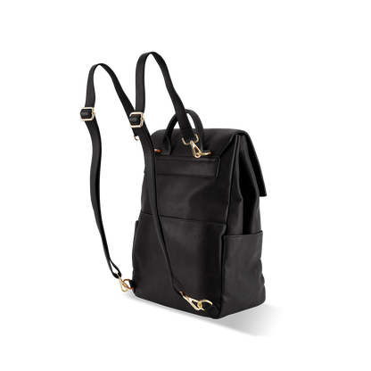 Back view of Florence black nappy backpack showing back and side pockets design and durable construction