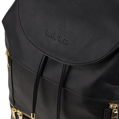 Detail of premium hardware and black vegan leather on Siena Diaper Bag