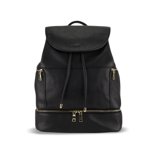 Siena Black Nappy Bag - Sleek vegan leather diaper backpack by Berly and Co