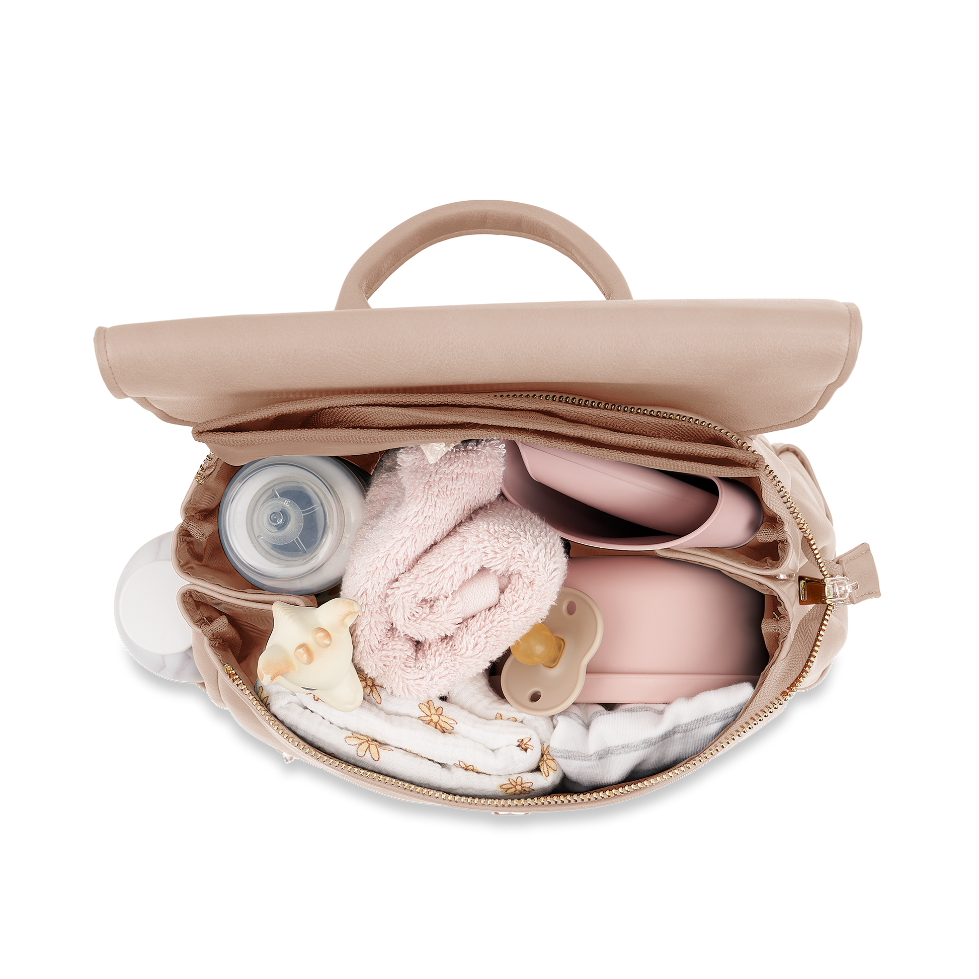 Open view of Florence Taupe Diaper Bag showing spacious interior and organization pockets