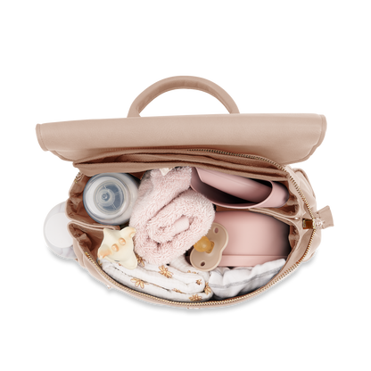 Open view of Florence Taupe Diaper Bag showing spacious interior and organization pockets