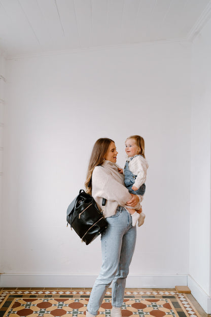 Siena black Nappy Backpack worn as everyday bag showing versatile style