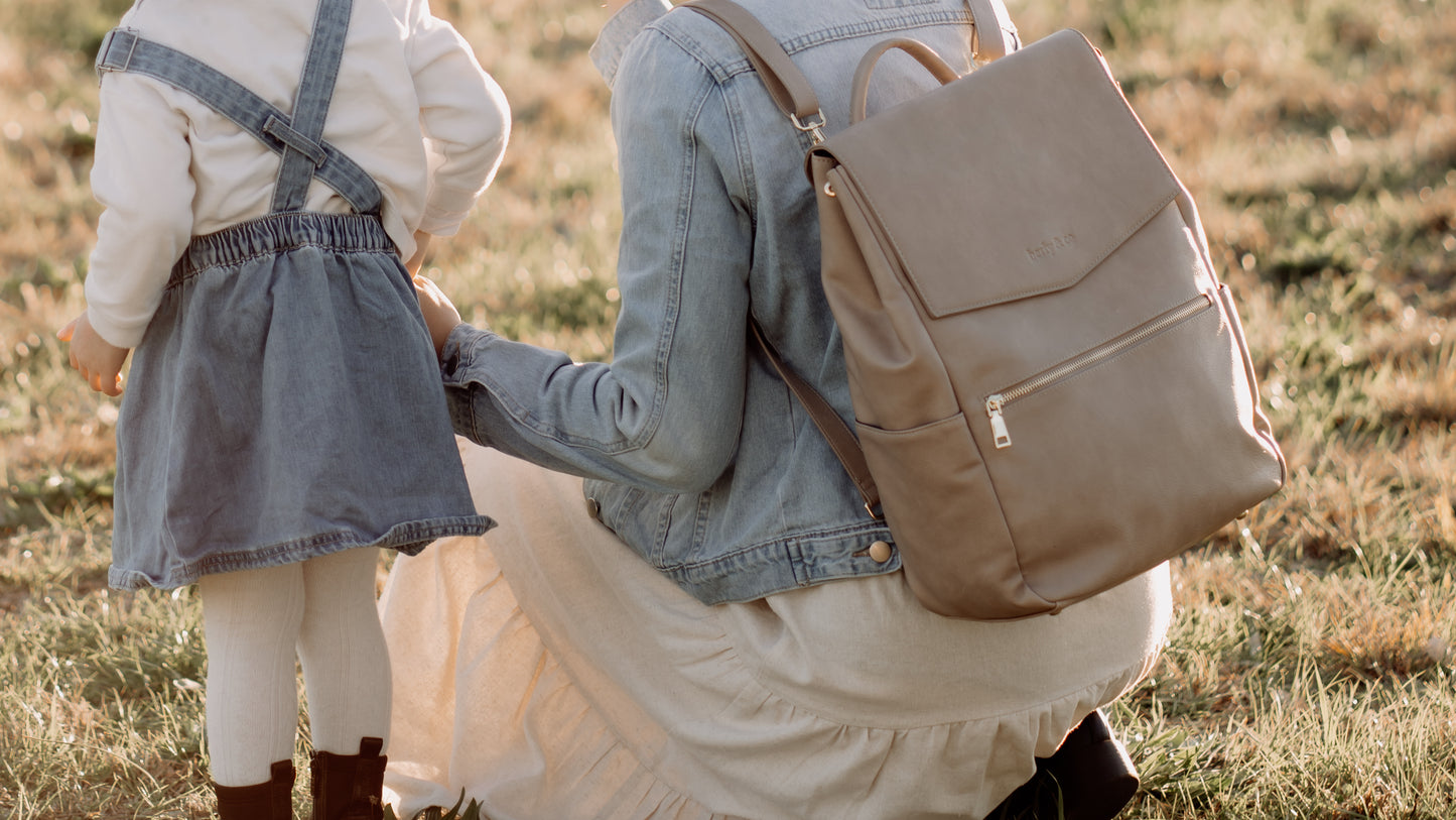 Florence Taupe Nappy Backpack worn as everyday bag showing versatile style